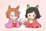  2girls animal_ears biwa_hayahide_(umamusume) black_hair blue_eyes blush bnw_(umamusume) brown_hair chibi chibi_only commentary_request cup drinking ear_ribbon full_body glasses gomashio_(goma_feet) green_ribbon holding holding_cup horse_ears horse_girl horse_tail jacket jitome long_sleeves multiple_girls narita_taishin_(umamusume) pants pink_background red-framed_eyewear red_jacket red_pants ribbon semi-rimless_eyewear shoes short_hair sitting tail tracen_training_uniform track_jacket umamusume under-rim_eyewear white_shoes winning_ticket_(umamusume) |_| 