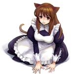  1girl animal_ears apron arm_support asahina_mikuru black_dress breasts brown_hair cat_ears cat_girl cat_tail commentary_request dress full_body juliet_sleeves koaki large_breasts long_hair long_sleeves maid maid_apron official_alternate_costume puffy_sleeves red_eyes sad sidelocks simple_background solo suzumiya_haruhi_no_yuuutsu tail tearing_up tears white_apron white_background 
