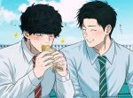  2boys black_hair blue_sky blush closed_eyes closed_mouth collared_shirt commentary_request diagonal-striped_clothes diagonal-striped_necktie eating facing_another fingernails food food_request grin highres holding holding_food hyakuemu komiya_(hyakuemu) male_focus multiple_boys necktie nusushito red_necktie shirt short_hair sky smile sparkle striped_clothes togashi_(hyakuemu) translation_request upper_body watermark white_shirt 