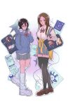  2girls abarai_renji animal_charm bag black_hair black_thighhighs bleach blue_jacket bow bowtie bread bread_slice breasts brown_eyes brown_hair brown_shoes cassette_tape cd_case cellphone character_charm charm_(object) closed_mouth clothes_around_waist collared_shirt commentary earphones flip_phone food full_body grey_eyes grey_skirt hair_between_eyes hand_in_pocket headphones headphones_around_neck highres inoue_orihime jacket kuchiki_rukia kurosaki_ichigo kyuuri_0622 large_breasts light_blush loafers long_hair loose_socks multiple_girls parted_bangs parted_lips phone pleated_skirt rabbit_charm red_bow red_bowtie shirt shoes short_hair shoulder_bag skirt sneakers socks sparkle strawberry_charm sweater sweater_around_waist thighhighs white_background white_shirt white_shoes white_socks yellow_sweater 
