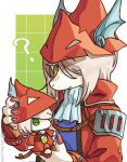  1girl ? armor ascot blue_ascot border burmecian character_doll claws closed_mouth coat commentary_request doll final_fantasy final_fantasy_ix freya_crescent green_background green_eyes grey_hair grid_background hair_over_one_eye helmet hidechanyade highres holding holding_doll mouse_girl red_coat red_helmet shoulder_armor solo tabard upper_body white_border winged_helmet 