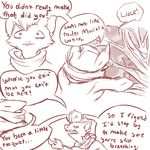  annoyed anthro beelzemon_(artist) comic dialogue duo ga&euml;l_the_scrafty greninja luce_the_greninja male monochrome nintendo opencanvas perspective pok&eacute;mon scrafty sketch speech_bubble video_games 