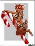  2014 anthro bell blue_eyes breasts brown_fur brown_hair brown_nose candy_cane cervine christmas cleavage clothed clothing female fur grey_background hair holidays horn looking_at_viewer mammal plain_background reindeer smile solo vexstacy white_background 