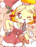  &lt;3 2014 animal_crossing anthro bigger_version_at_the_source blonde_hair blush breasts canine christmas clothed clothing dog female fur hair hat holidays isabelle_(animal_crossing) kemono mammal nintendo one_eye_closed pom_hat santa_hat solo video_games yellow_fur ノルー＠しずえモンハン15日 