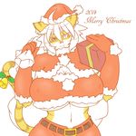 2014 bell big_breasts breasts christmas cleavage clothed clothing feline female gift hair hat heterochromia holidays holly_(plant) huge_breasts kemono mammal midriff navel no_(artist) plant santa_costume santa_hat solo tiger under_boob white_hair wide_hips 