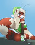  antennae anthro anus arthropod bee blonde_hair blue_eyes breasts butt charliechomp christmas clothing female hair hat holidays hybrid insect looking_at_viewer lurue mammal plain_background presenting pussy red_panda sitting solo spreading stripes wings 
