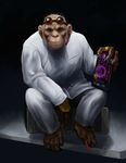  2014 anthony_sarkasuo barefoot chimpanzee clothing computer dr._bowman eyewear freefall gloves goggles hair lab_coat looking_at_viewer male mammal monkey pants pen primate scientist solo 