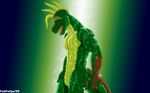  2009 abs abstract_background anthro biceps claws digital_media_(artwork) dinosaur dinosaurs_(series) eyebrows eyes_closed fabfelipe fangs green_skin horn male muscles nude open_mouth pecs pose raised_tail reptile robbie_sinclair scales scalie shower solo spines standing teeth toned tongue 