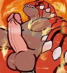  2014 balls big_balls big_penis claws erection feral fire groudon humanoid_penis legendary_pok&eacute;mon male mammal nintendo nude obba orange_background penis plain_background pok&eacute;mon solo spikes teeth video_games yellow_eyes 