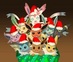  2014 ambiguous_gender blue_eyes blush brown_eyes christmas eevee eeveelution espeon feral fin flareon glaceon group hat holidays jolteon leafeon looking_at_viewer nintendo open_mouth pok&eacute;mon red_eyes santa_hat sylveon umbreon vaporeon video_games winick-lim 