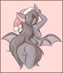  2014 anthro bat black_hair blush breasts butt christmas embarrassed fangs female hair hat holidays mammal plain_background presenting presenting_hindquarters presenting_pussy purple_eyes pussy rebbeca santa_hat shouk side_boob solo wings 