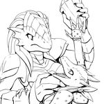  2014 anthro armor dragon dragonborn dungeons_&amp;_dragons duo female gem kobold monochrome plain_background queblock scalie scarf white_background 