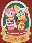  2014 amy_rose anthro bat big_breasts breasts christmas cleavage clothed clothing female gevind hedgehog holidays huge_breasts mammal nipple_bulge rouge_the_bat sega smile solo sonic_(series) under_boob 