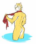  anthro ayin back blonde_hair blue_eyes butt canine fur hair looking_at_viewer male mammal multicolored_hair muscles rear_view scarf seductive short_hair simple_background solo spearfrost white_fur yellow_fur 