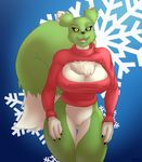  2014 alternate_color anthro bandai big_breasts black_nose bottomless breasts canine chest_tuft clothed clothing digimon female fox fur green_fur half-dressed keyhole_turtleneck looking_at_viewer mammal mint_(redketto) nipple_bulge open_mouth pussy renamon schwoo slit_pupils solo standing sweater tuft white_fur yellow_eyes 
