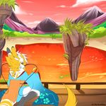  2014 anthro avian bird canine chinese_dragon clothing digital_media_(artwork) dragon female fox geekidog hybrid japanese_clothing kimono kneeling lake light_(rukaisho) mammal mountain outside phoenix scenery solo tree whiskers 