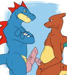  2014 animal_genitalia big_penis blue_background charizard claws comparing dragon duo erection feral feraligatr gay holding_penis humanoid_penis looking_down male nintendo nude penis plain_background pok&eacute;mon reptile scalie seductivefeline size_difference smile teeth vein video_games wings yellow_eyes 