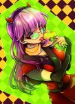  1girl bangs candy commentary_request demon_horns dutch_angle food gintama glasses hairband halloween horned_headwear horns japanese_clothes lollipop long_hair mole mole_under_eye ninja purple_eyes purple_hair red-framed_eyewear sarutobi_ayame scarf solo tongue tongue_out yellow_scarf 