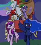  2014 antlers bag belt blue_eyes blue_fur blue_hair christmas clothing cookie cutie_mark eating equine eyes_closed female flying friendship_is_magic fur gift grass group hair hat holidays horn magic mammal my_little_pony night pink_fur plate princess princess_cadance_(mlp) princess_celestia_(mlp) princess_luna_(mlp) purple_eyes purple_fur purple_hair reading reindeer_antlers royalty santa_costume santa_hat scroll sled sleigh smile star varemiaart white_fur winged_unicorn wings 