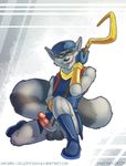  2014 anthro balls belt black_nose boots brown_eyes cane clothing crouching erection footwear fur grey_fur hat humanoid_penis kneeling male mammal mask nokemy omegaro open_mouth penis polearm pose raccoon shirt sitting sly_cooper sly_cooper_(series) smile solo staff tongue weapon yellow_eyes 