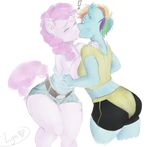  anthro anthrofied belt blush clothed clothing duo ear_piercing equine eyes_closed female friendship_is_magic hair hands_on_shoulders horse kissing lesbian lyndoi227 mammal multicolored_hair my_little_pony piercing pink_body pink_hair pinkie_pie_(mlp) plain_background pony rainbow_dash_(mlp) rainbow_hair surprise white_background wide_hips 