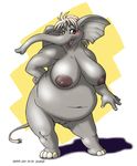  2006 abstract_background anthro areola big_breasts big_ears big_thighs blush breasts elephant female looking_at_viewer mammal neko_no_hito nipples nude obese overweight plump_labia pussy smile solo standing 