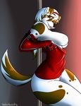  2014 anthro avante92 breasts canine clothed clothing dancing digital_media_(artwork) female fingerless_gloves gloves hair half-dressed hobbsmeerkat looking_at_viewer mammal nipples oc:angel pole pole_dancing solo spots topless undressing 