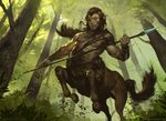  centaur equine forest hair holding_weapon human jasper_sandner long_hair looking_at_viewer low-angle_shot magic_the_gathering male mammal nature official_art outside polearm rearing restricted_palette solo spear taur tree weapon 