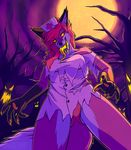  anthro black_nose canine claws clothed clothing female forest fox glowing glowing_eyes hair halloween holidays looking_at_viewer mammal moon nurse nurse_uniform open_mouth outside pink_hair red_hair slit_pupils solo tongue tongue_out tree vyriss vyrissthevixen yellow_eyes 