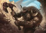  anthro atmospheric_perspective axe beard big_muscles bone chain charging facial_hair front_view holding_weapon horn magic_the_gathering male minotaur muscles official_art phill_simmer restricted_palette skull snarling solo valley weapon 