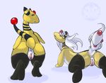  2014 airless all_fours ampharos anus back bow climbing clothed clothing duo female feral hair legwear long_hair looking_at_viewer looking_back mammal mega_ampharos mega_evolution nintendo nude open_mouth orb plain_background pok&eacute;mon presenting purple_eyes pussy raised_tail rear_view shadow spread_legs spreading video_games white_background white_hair 