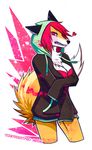  &lt;3 2013 abstract_background anthro canine chest_tuft clothed clothing female fox fur hair looking_at_viewer mammal pink_eyes pink_hair solo tuft vyriss vyrissthevixen 