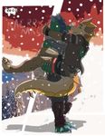  &lt;3 2014 blue_skin blush carrying christmas claws couple dinosaur duo female forest genesis_(kabier) green_skin holidays horn jacket male outside raptor redfoxsoul scalie shaded smile snow tree vergence yellow_skin 