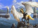  ambiguous_gender equine feathered_wings feral john_severin_brassell landscape magic_the_gathering mammal official_art outside pegasus rear_view saddle sculpture sea solo spread_wings standing statue water wings 