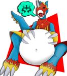  2014 anthro armor bandai belly big_belly blue_skin burping digimon flamedramon guilmon1998 jake_the_flamedramon lucario male navel nintendo open_mouth percing piercing pok&eacute;mon red_eyes soft_vore solo tongue tongue_out video_games vore 