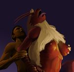  2014 anthro avian bird blaziken breasts butt duo eyes_closed female fur hair hattonslayden human human_on_anthro interspecies male mammal nintendo nipples nude open_mouth plain_background pok&eacute;mon purple_background sex tongue tongue_out video_games 