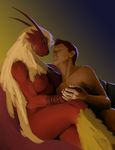  2014 anthro avian blaziken breasts couple duo eye_contact female hand_holding hattonslayden human human_on_anthro interspecies leaning leaning_forward lying male mammal nintendo nipples nude on_side pok&eacute;mon pok&eacute;philia sitting smile straight video_games 
