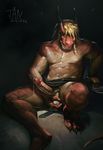  abs ball_grab balls biceps big_penis blonde_hair braided_hair claws dragon erection hair horn humanoid_penis jiandou katana leaking male muscles nipples pecs penis pose precum red_skin retracted_foreskin scales scalie scar sitting sketch solo spread_legs spreading sword toe_claws toned uncut vein weapon 