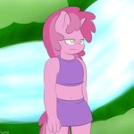  2014 anthro anthrofied berry_pinch_(mlp) clothing equine female friendship_is_magic fur green_eyes hair horn lamiaaaa mammal my_little_pony navel pink_fur river solo swimsuit two_tone_hair unicorn water 