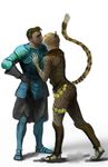  armor brown_hair cheetah claws clothed clothing duo eyes_closed feline female fur hair hattonslayden human interspecies kissing male mammal sandals spots straight yellow_fur 