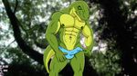  abs anthro biceps bulge clothing dinosaur eyes_closed fabfelipe male muscles outside pecs scalie smile solo speedo standing swimsuit teasing tyrannosaurus_rex 