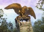  2012 ambiguous_gender avian claws dutch_angle feathered_wings feral greg_staples gryphon looking_down low-angle_shot magic_the_gathering official_art signature sitting solo spread_wings tower tree wings 