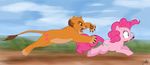  2014 angry blue_eyes brush crossover cutie_mark disney duo earth_pony equine fear feline female feral friendship_is_magic fur hair horse lion long_hair male mammal my_little_pony outside pink_fur pink_hair pinkie_pie_(mlp) pony pouncing running simba tc-96 the_lion_king 