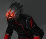  avian beak bird black_feathers clothed clothing glowing glowing_eyes male multiple_eyes open_mouth red_eyes saladbomb solo uniform 