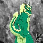  anthro antlers back biceps butt chinese_dragon dragon eyebrows fabfelipe horn looking_at_viewer male muscles nipples nude pecs pose presenting presenting_hindquarters raised_tail scalie smile solo standing texture_background 