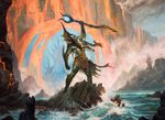  anthro brandishing cliff clothed clothing crest half-dressed lava lucas_graciano magic magic_the_gathering magic_user male merfolk official_art one_arm_up polearm protection sea shaman solo spell staff standing toned topless traditional_media_(artwork) tribal_spellcaster water weapon 