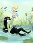  animal asui_tsuyu black_eyes black_hair black_legwear bodysuit boku_no_hero_academia cattail crossover froakie frog gen_6_pokemon green_bodysuit hair_rings highres highvoltage holding holding_animal holding_pokemon in_water lifting lily_pad long_hair low-tied_long_hair open_mouth outdoors plant pokemon pokemon_(creature) pond tongue tongue_out trait_connection 