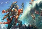  anthro avian bird birds boat crest feral fin magic_the_gathering magic_user male marine merfolk official_art one_arm_up profile ryan_barger sea seagull side_view solo standing step_pose water wave 
