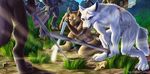  2014 anthro arrow axe canine detailed_background digital_media_(artwork) fight group holding_weapon kekpafrany male mammal sword weapon wolf 