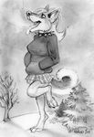  2010 canine collar dog female greyscale hoodie husky kabuki_homewood mammal monochrome nikita pencil_(artwork) plaid sketch skirt snowflake solo spiked_collar traditional_media_(artwork) winter 